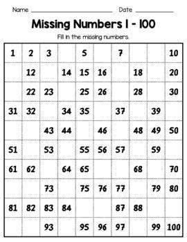 100 Chart Missing Number - Numbers 1-100 missing worksheets | First ...