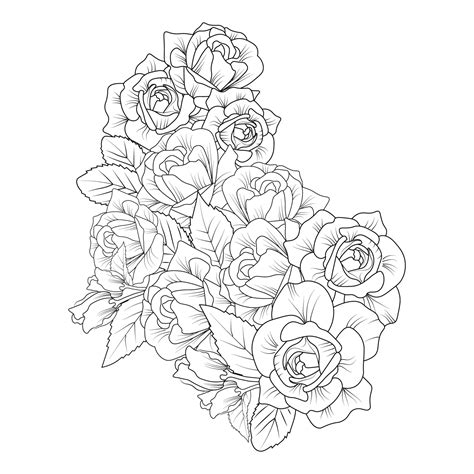 red rose flower bouquet outline vector art with roses leaves for adult coloring page 12778758 ...