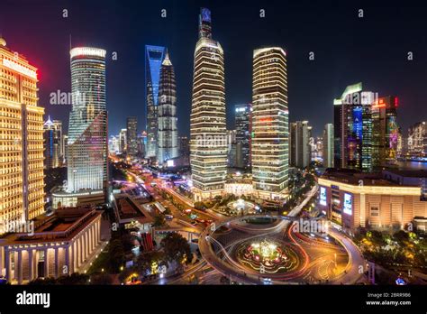 night view of illuminated Lujiazui skyline and Ring Road Circular ...