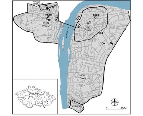 Map of Prague with old settlement zones marked. Points show... | Download Scientific Diagram