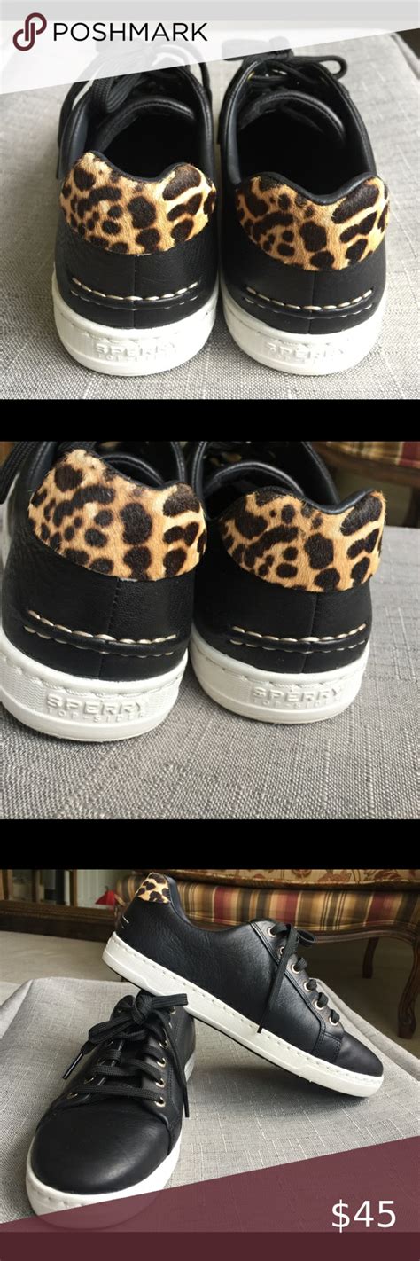 Sperry Black Leather Sneakers w/ Cheetah Print 6.5 Black lace-up ...