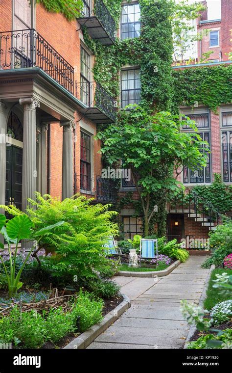 brownstone house and garden Beacon Hill Chestnut street Boston MA USA Massachussets Stock Photo ...