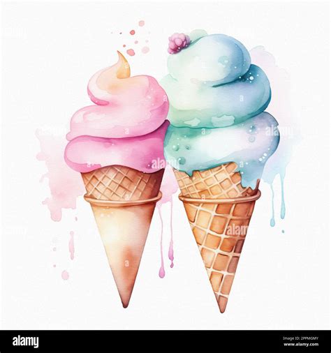 Beautiful ice cream, pastel colors, flowers, watercolor illustration ...