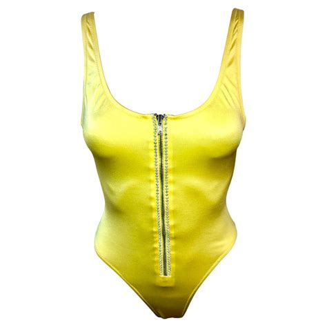 Gianni Versace S/S 1996 Vintage Crystal Zipper Yellow Bodysuit Swimwear Swimsuit For Sale at 1stDibs
