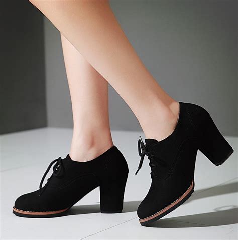 Black Suede Old School Vintage Lace Up High Heels Women Oxfords Shoes