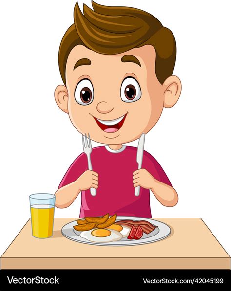 Cartoon little boy eating breakfast Royalty Free Vector