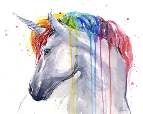 Unicorn Rainbow Watercolor Painting by Olga Shvartsur