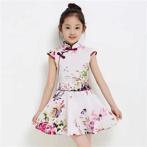 Chinese Traditional Dress Children Clothes Oriental Style Cheongsam Short Sleeve Dress Cotton ...