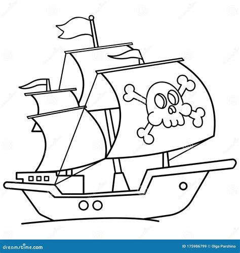 Coloring Page Outline of Cartoon Pirate Ship. Sailboat with Black Sails ...