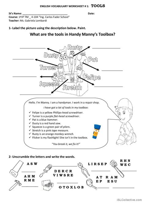 What's in Handy Manny's Toolbox?: English ESL worksheets pdf & doc