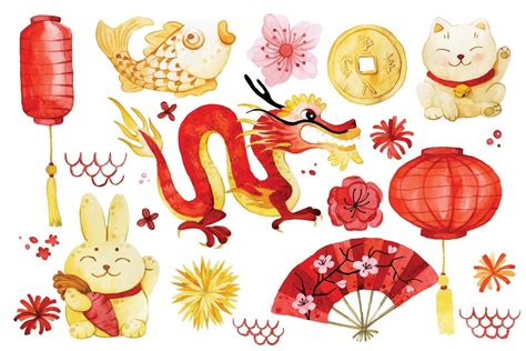 watercolor drawing. chinese new year clipart set. cute Chinese dragon ...