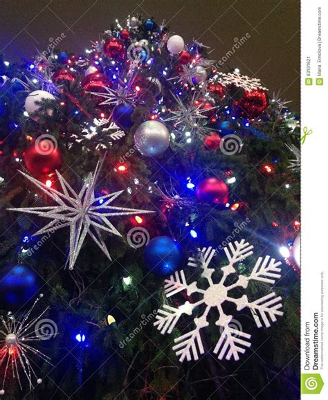 Decorations and Lights on a Christmas Tree in Bryant Park. Stock Image - Image of gifts, silver ...