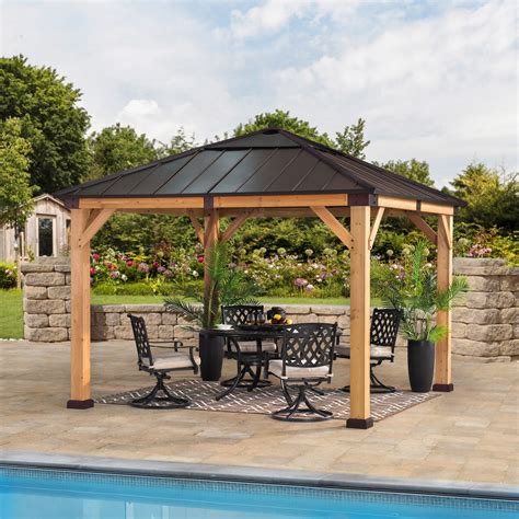 Sunjoy Permanent Cedar Gazebo – Square – Polycarbonate Top – 11.08-ft x 11.08-ft – Brown – Plus Co