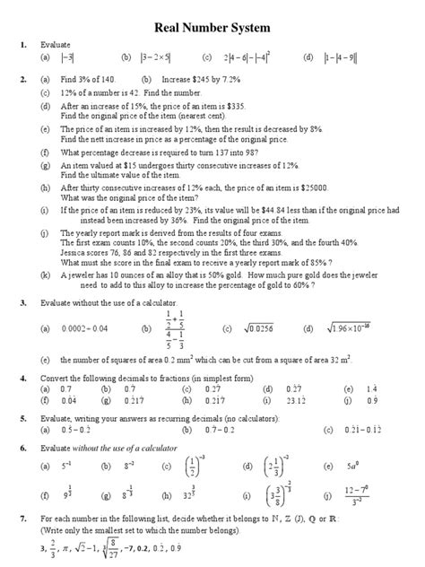 Real Number System Worksheet | Significant Figures | Decimal