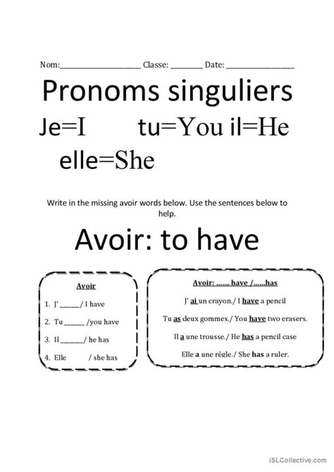 Pronoun and avoir: Deutsch DAF Arbeitsblätter pdf & doc