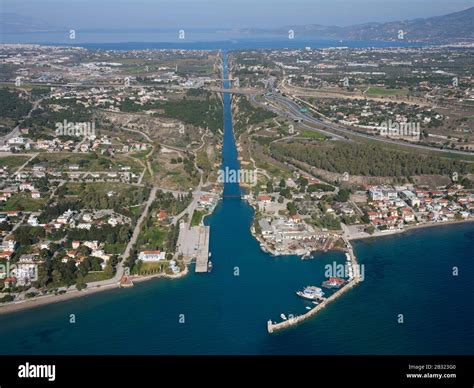 6.4KM-LONG CORINTH CANAL LINKING THE GULF OF CORINTH IN THE DISTANCE TO ...