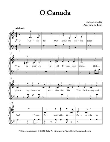 O Canada: Free easy Sheet Music for piano with lyrics