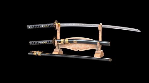 Katana Collection - Set of 3 Samurai Swords and a Dagger Wakizashi 3D ...