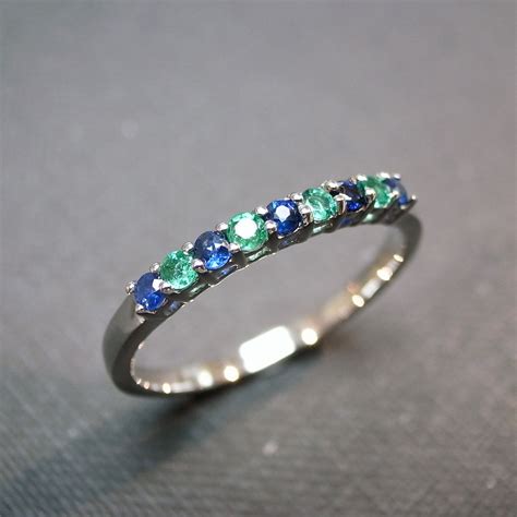 Blue Sapphire and Emerald Wedding Ring in 14 White Gold