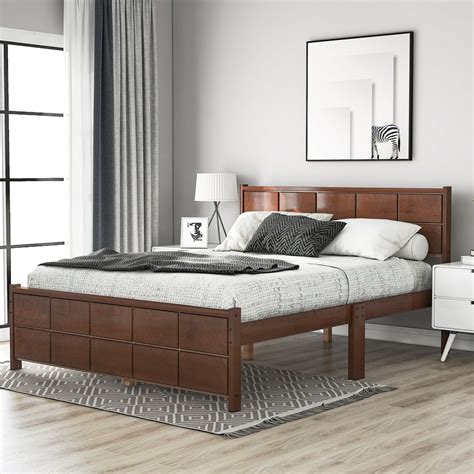 EUROCO Queen Platform Bed Wood Frame With Headboard and Footboard,Brown ...