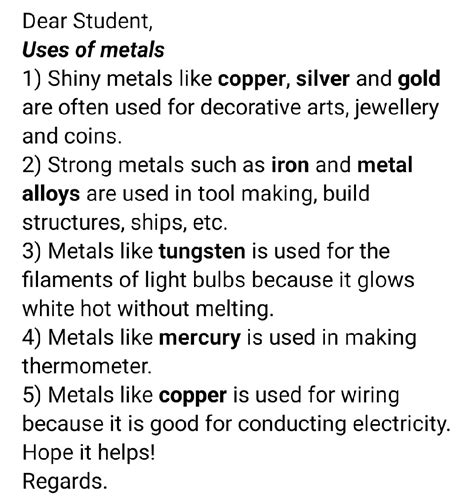 Write any five uses of metal - Science - Materials Metals and Non-Metals - 13806687 ...