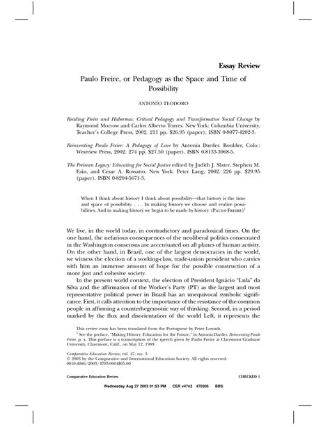 (PDF) Paulo Freire, or Pedagogy as the Space and Time of Possibility:Reading Freire and Habermas ...