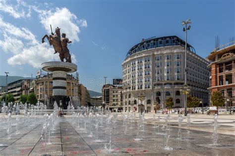 SKOPJE, REPUBLIC of MACEDONIA - 13 MAY 2017: Skopje City Center and Alexander the Great Monument ...