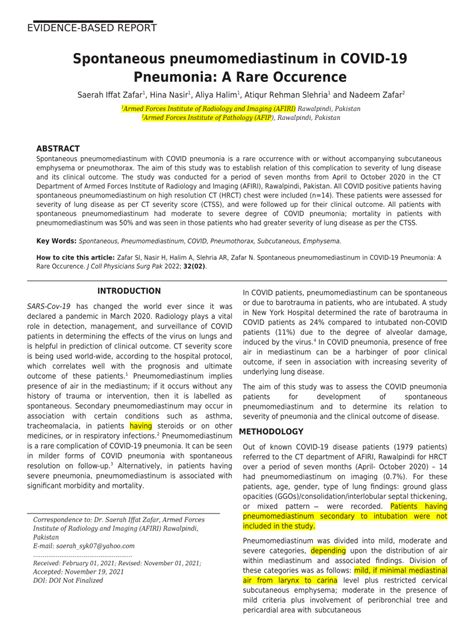 (PDF) Spontaneous Pneumomediastinum in COVID-19 Pneumonia: A Rare Occurence