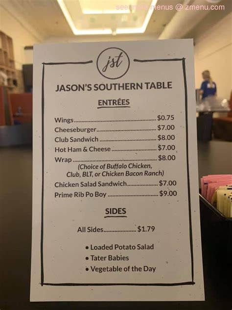 Menu at Jason's Southern Table pub & bar, Kosciusko