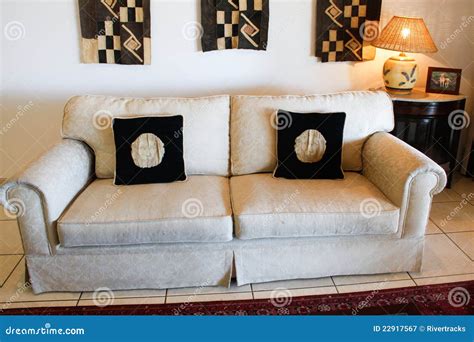 White Couch with Black Cushions Stock Image - Image of carpet, room ...