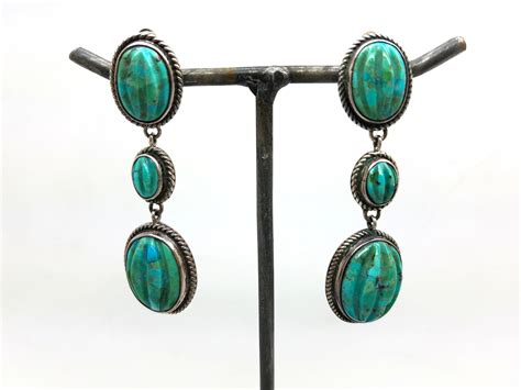 Beautiful Carved Turquoise Clip Earrings Long Dangle Sterling Silver ...