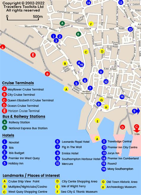 Southampton Hotel Map + Cruise Terninals, Bus + Train Station