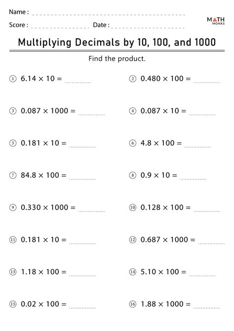 5th Grade Multiplication Worksheets with Answer Key