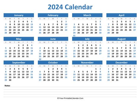 2024 Yearly Calendar in Excel, PDF and Word