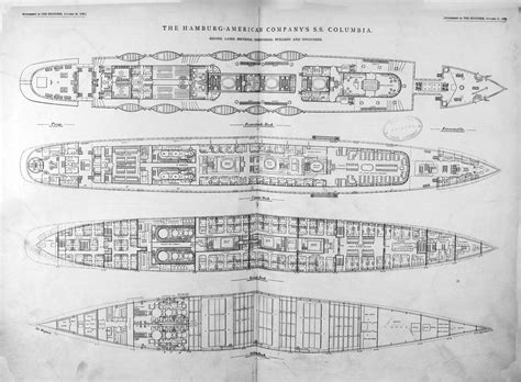 Deck plans of the S.S. Columbia from 1887 of the Hamburg America Line ...