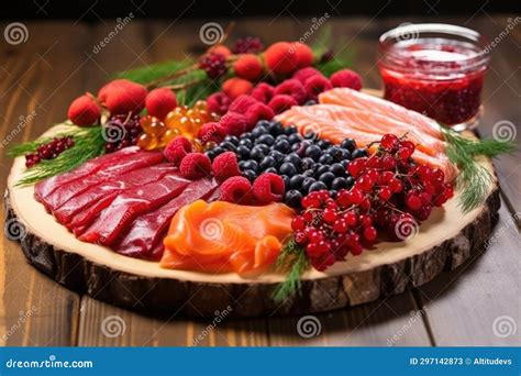 Arctic Berries and Cured Fish on Wooden Platter Stock Image - Image of ...