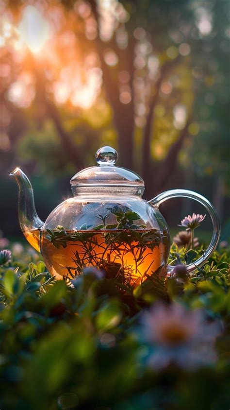 Herbal Tea Steeping in Glass Teapot Under Sunlight Tranquil Tea Time: Glass Teapot with Natural ...