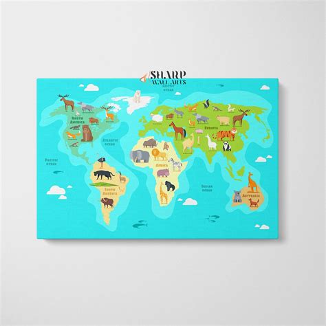 Kids World Map Canvas - Nursery Wall Art Framed Ready To Hang