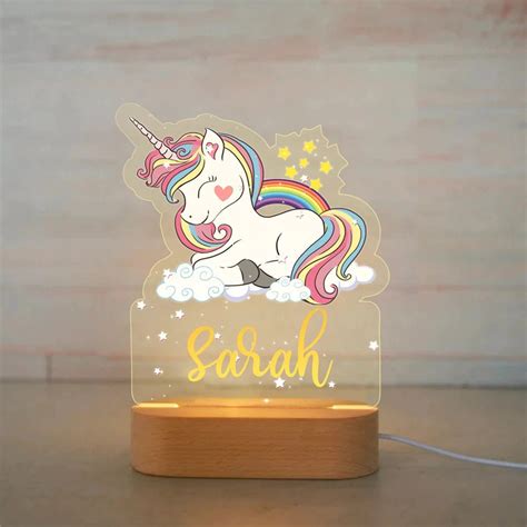 Night Light Rainbow Unicorn LED USB Night Light Custom Nursery Name Acrylic Lamp Wood Base for ...