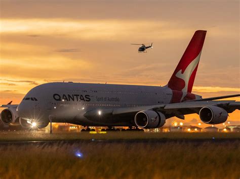 Download Qantas Airbus A380 On A Sunset Wallpaper | Wallpapers.com