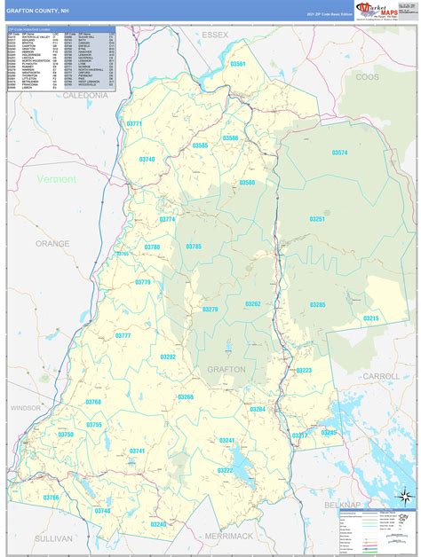 Grafton County, NH Zip Code Wall Map Basic Style by MarketMAPS - MapSales