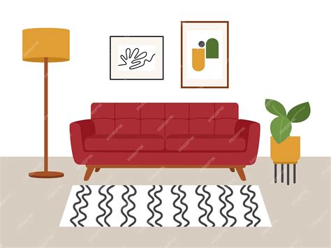 Premium Vector | Living room interior in flat style red sofa carpet ...