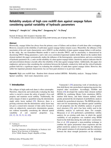 Reliability analysis of high core rockfill dam against seepage failure ...