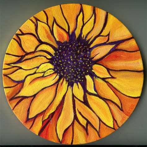 Sunflower painting 8 inch round canvas Original by SharonFosterArt