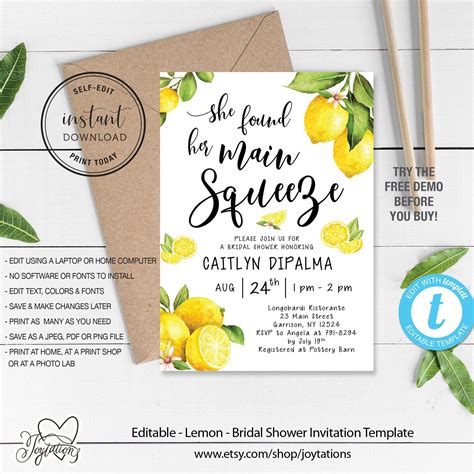 Lemon Bridal Shower Invitation Template, Instant Download, Printable ...