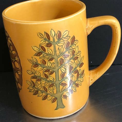 Mid Century Modern Coffee Mug Made Japan Mod Trees Gold Green Brown VTG ...