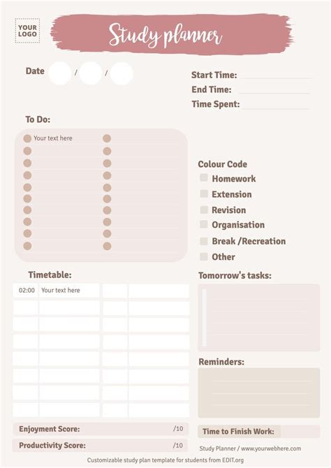 Study Timetable Template Excel