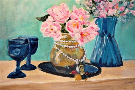 Peonies and Blue Glass Acrylic Painting //JenuineFunDesigns - Tumblr Pics