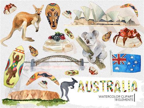 Australia Clipart Watercolor Digital Download Travel Kangaroo Koala ...