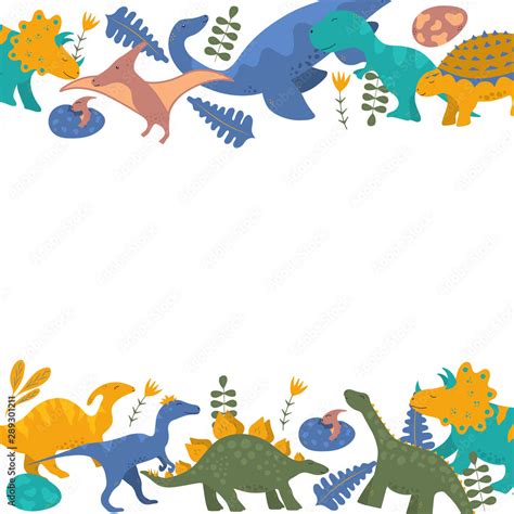 Cute dinosaur border frame for kids invitation card with rex, raptor and pterodactyl. Vector ...